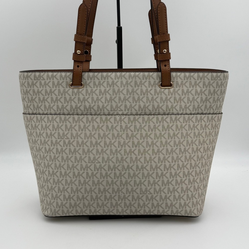 Michael Kors Jet Set East West Tote Bag MK Monogram Beige Tan Leather Large